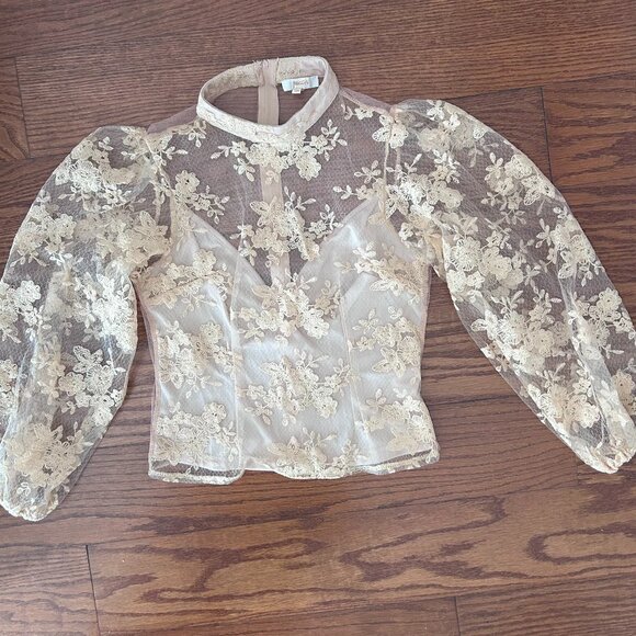 Sheer Mock Neck Long Sleeve Peach Floral Lace Top Built-in Cami Size Medium - Picture 13 of 14